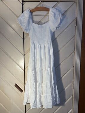 White Puff Sleeve Smocked Midi Dress - Women's